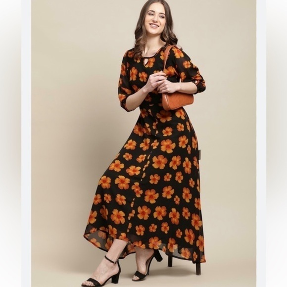 Who What Wear Dresses & Skirts - Who What Wear‎ Bell Sleeve Crewneck A-Line Dress | Black & Orange | Size…